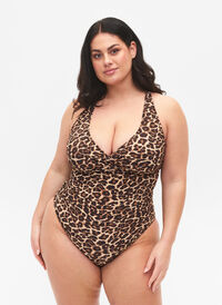 Swimsuit with crossed back and removable inserts, Leopard Print, Model