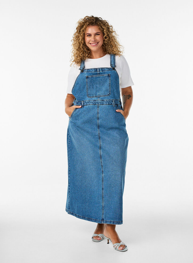 Midi denim overall dress, Blue, Model image number 0