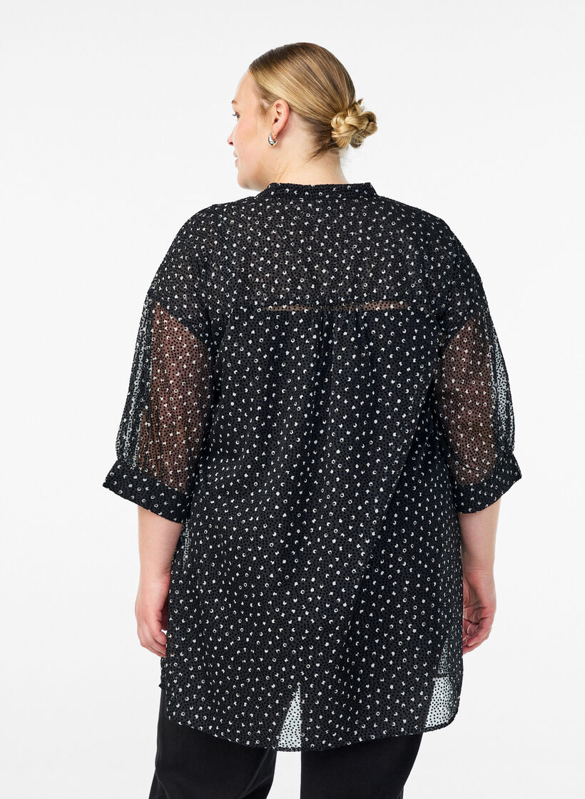 Chiffon tunic with velvet dot pattern, Black, Model image number 2