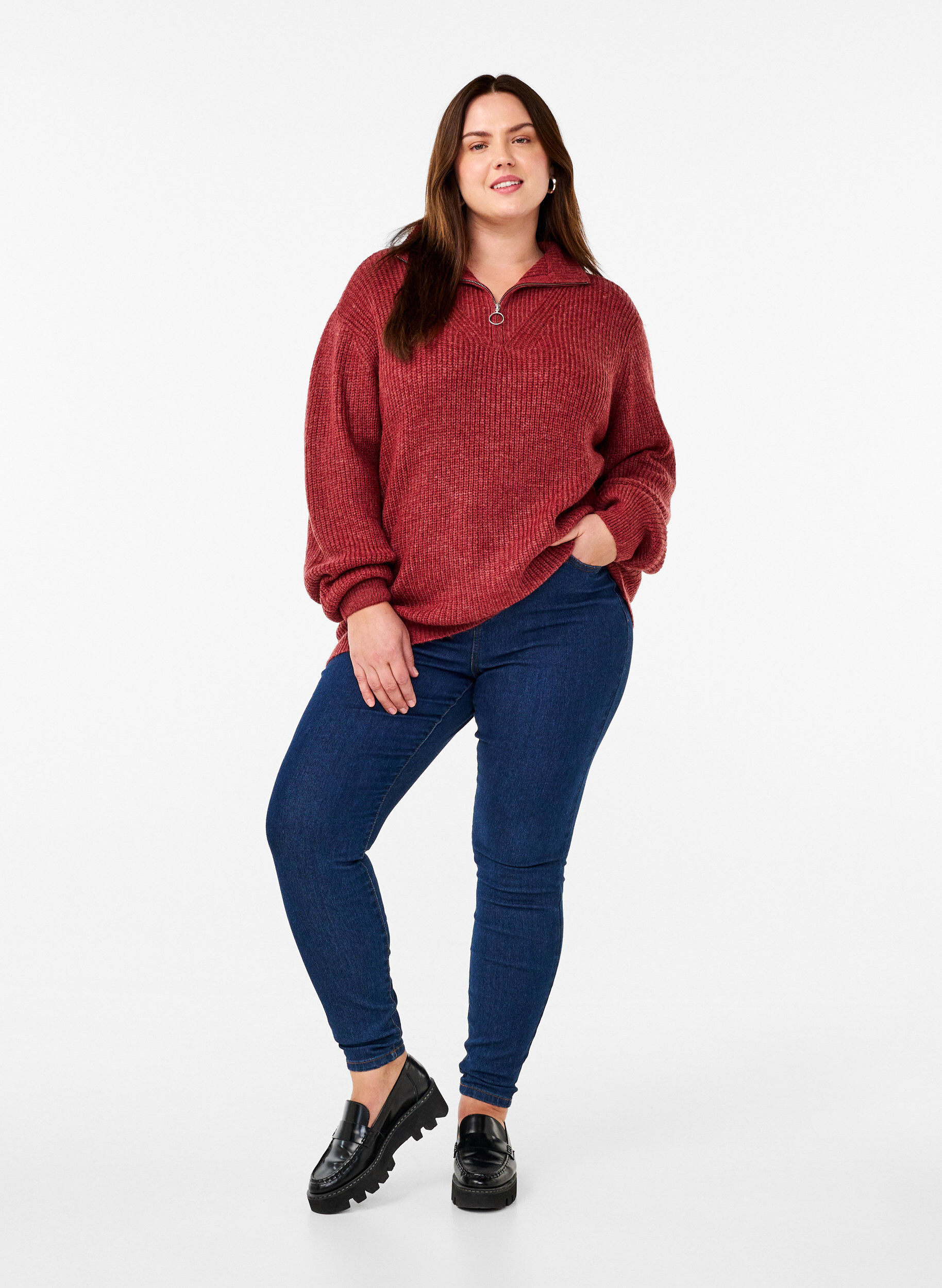 ZizzifashionKnitted sweater with high neck and zipper, Red, Model image number 1