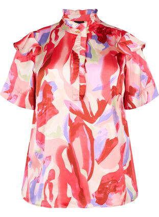 Satin shirt blouse with print and ruffle details, Geranium Graphic AOP, Packshot image number 0