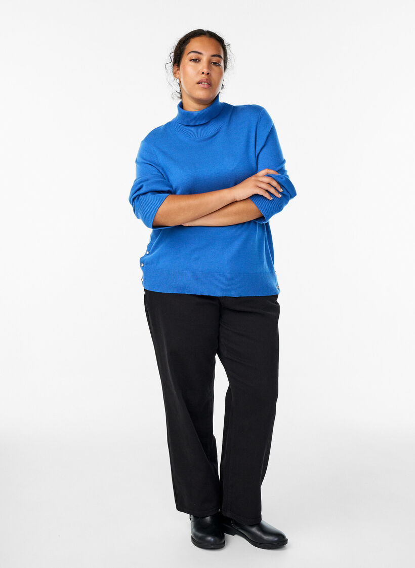 Knitted blouse with turtleneck and side buttons, Blue, Model image number 1
