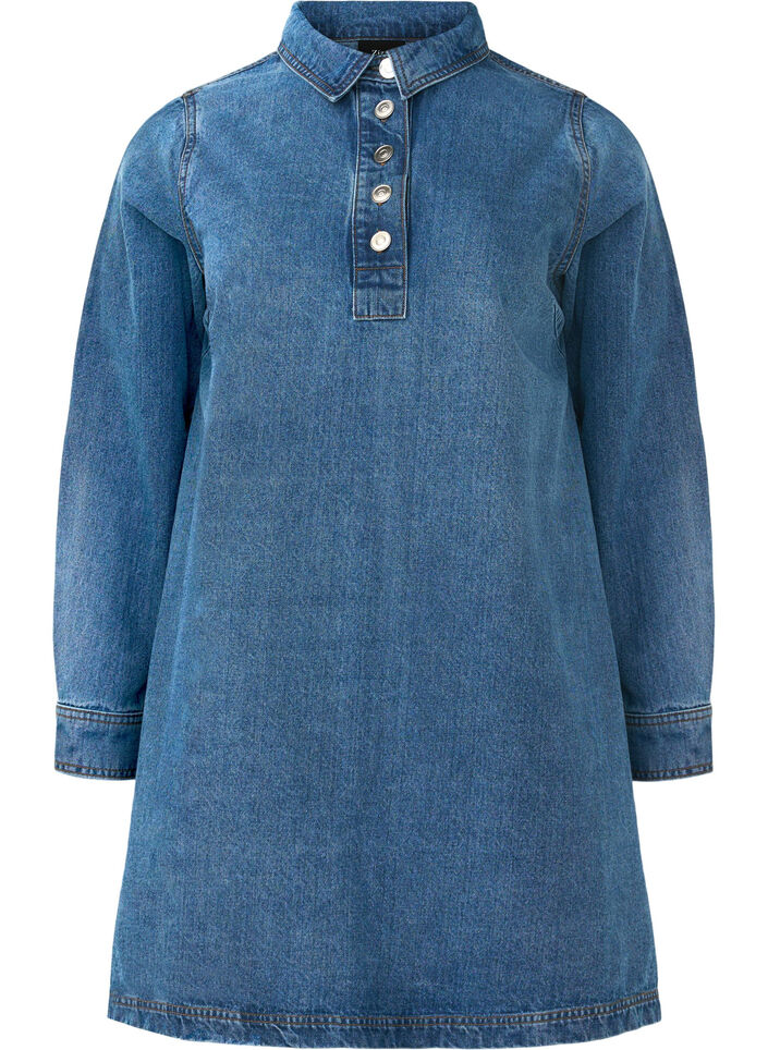 Short denim dress with A-shape and long sleeves, Blue Denim, Packshot image number 0