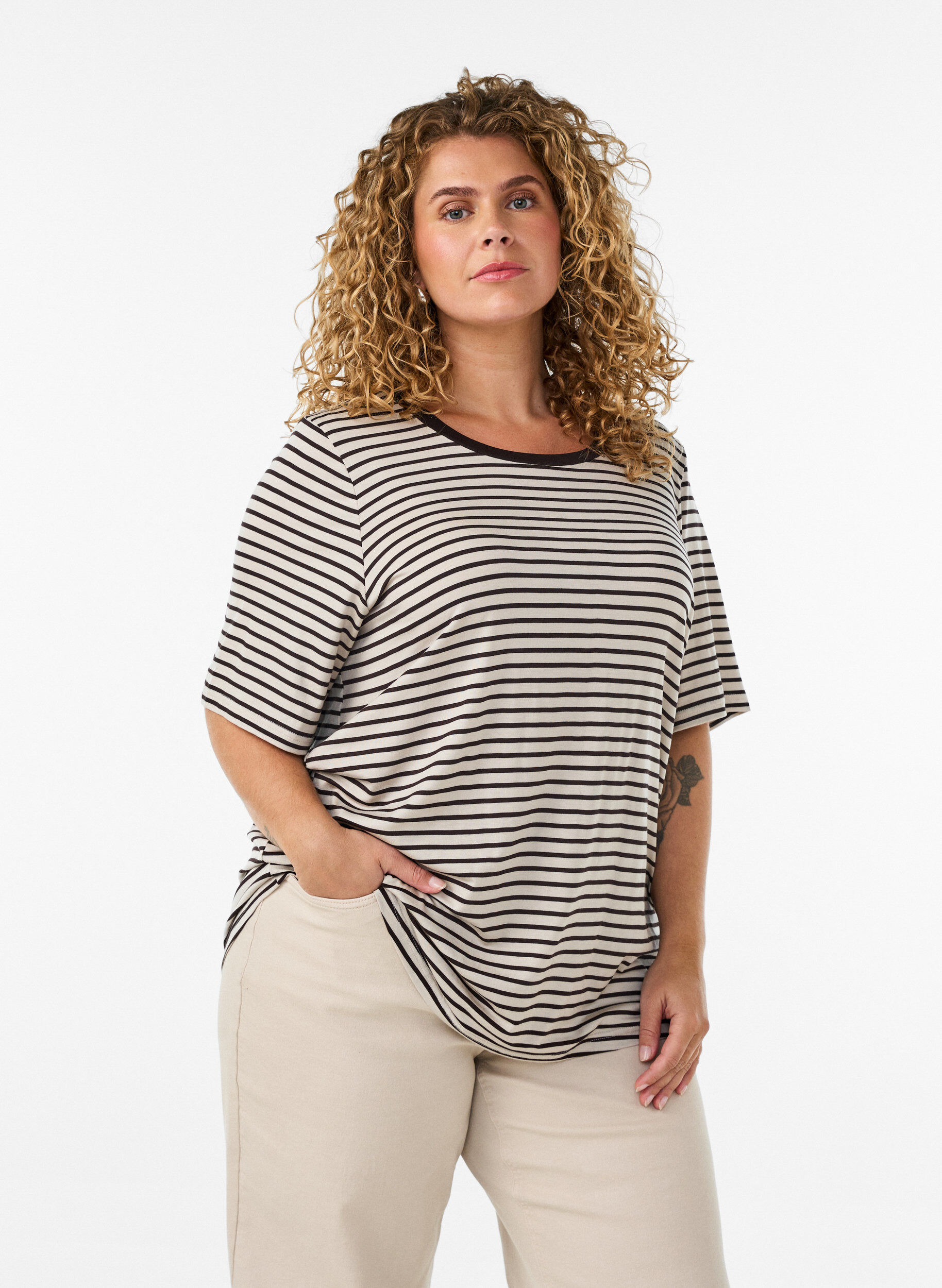 ZizzifashionT-shirt with TENCEL&trade; Lyocell and stripes, Brown, Model image number 0