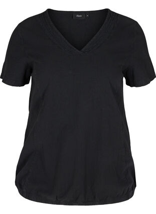 Short-sleeved cotton blouse with a v-neck, Black, Packshot image number 0