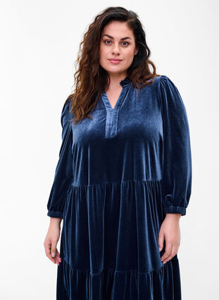 Velvet dress with ruffle collar and 3/4 sleeves, Navy Blazer, Model image number 2