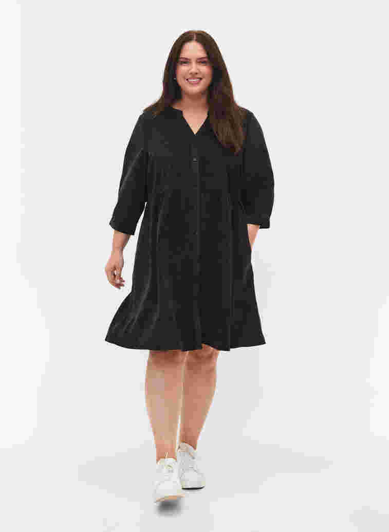 Velvet dress with 3/4-length sleeves and buttons, Black, Model image number 1