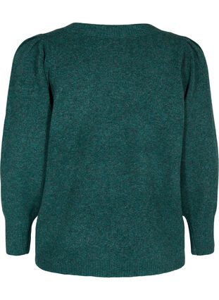 Melange knitted jumper with puff sleeves and v-neck, Ponderosa Pine Mel., Packshot image number 1