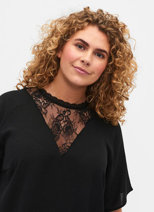 Short-sleeved blouse with lace , Black, Model image number 2