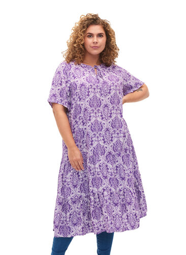Short sleeve viscose dress with print, D. Lavender Oriental, Model image number 0