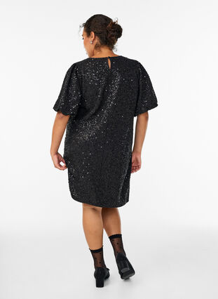 Short sequin dress with puff sleeves - Black - Sz. 40-64 - Zizzifashion Short sequin dress with puff sleeves - Black - Sz. 40-64 - Zizzifashion