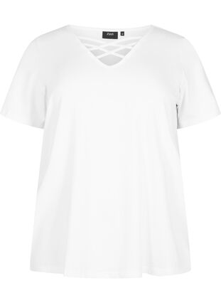 T-shirt with v-neck and cross detail, Warm Off-white, Packshot image number 0