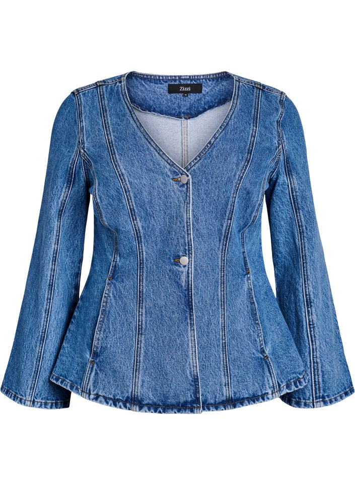 Denim jacket with shaping seams and a V-neck, Blue, Packshot