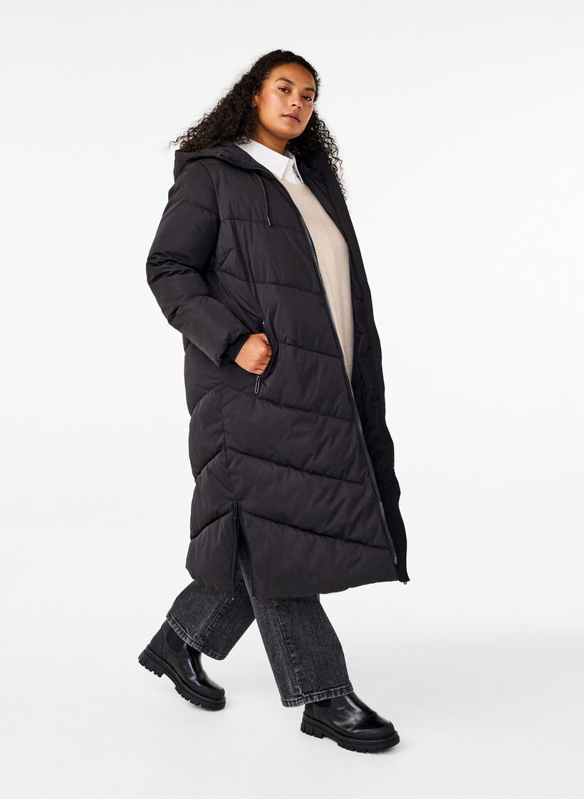 Long puffer coat with hood and pockets, Black, Model image number 0