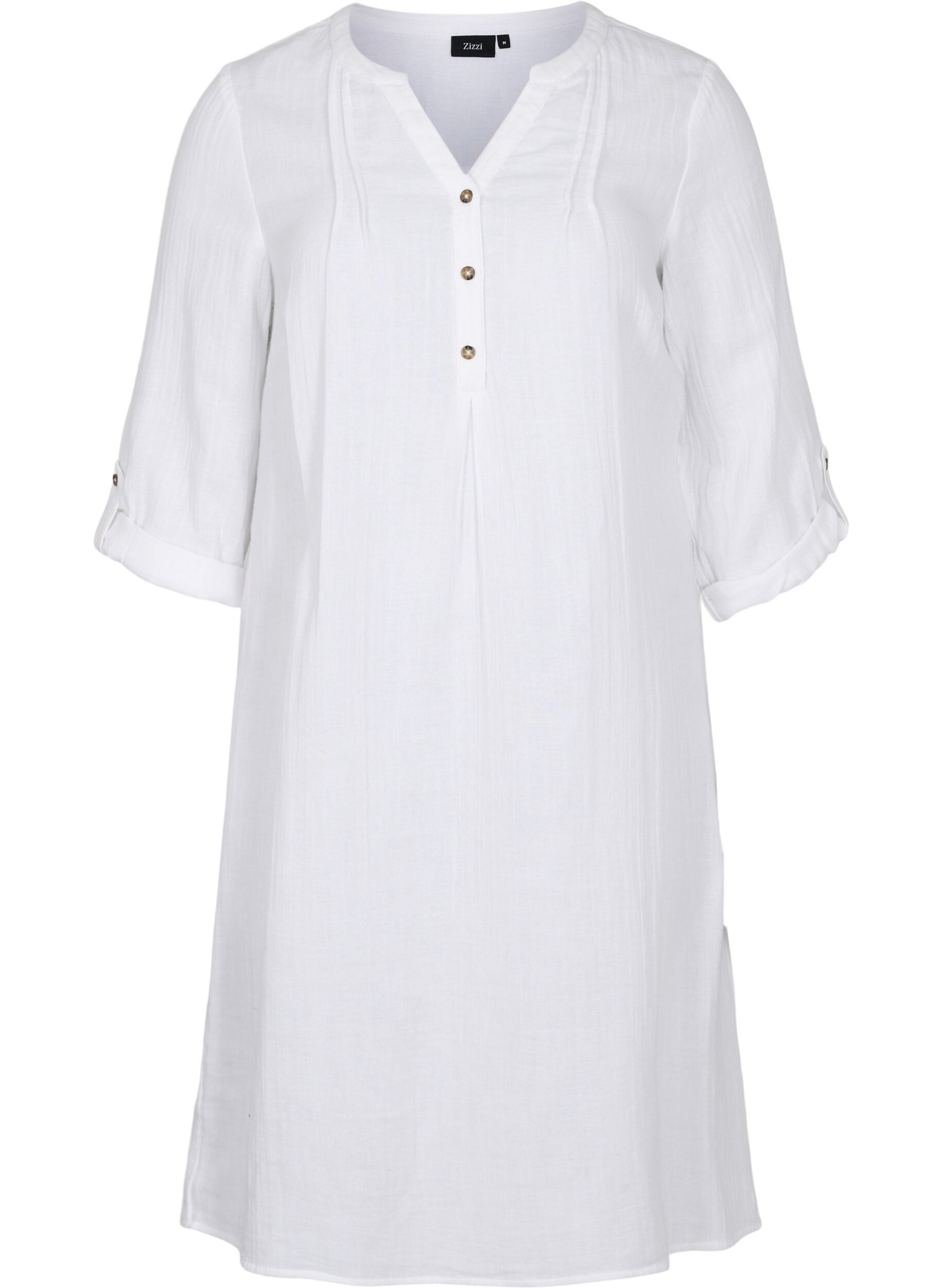 Zizzifashion Cotton dress with 3/4 sleeves, Bright White, Packshot image number 0