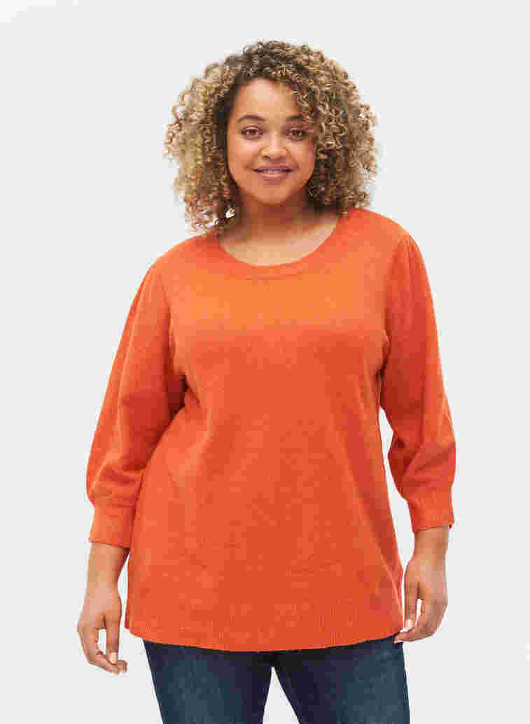 Mottled knitted top with 3/4-length sleeves, Scarlet Ibis, Model