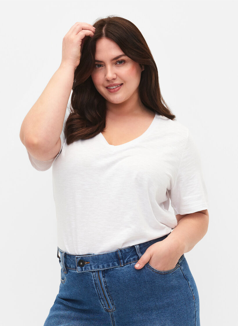 Short sleeve basic t-shirt with v-neck, White, Model image number 0