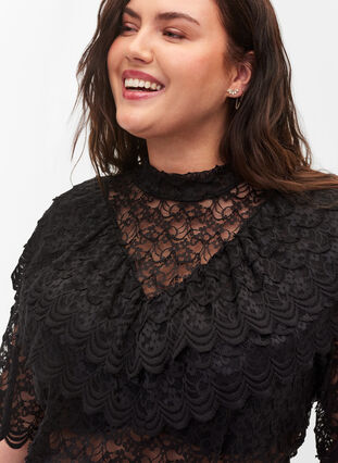 Lace top with ruffles and 2/4 sleeves, Black, Model image number 2