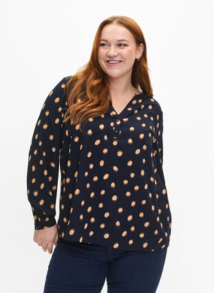 FLASH - Long sleeve blouse with print, Blue Double Dot, Model image number 0