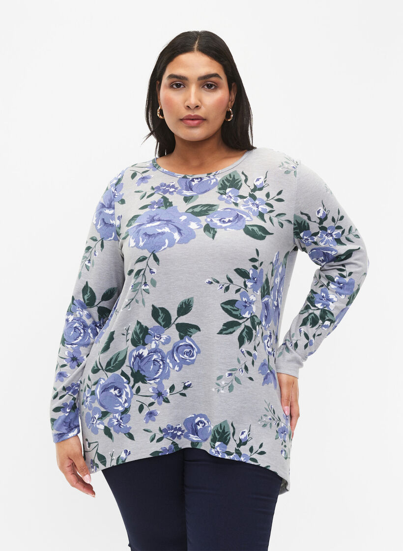 Floral blouse with long sleeves, Light Blue, Model image number 0