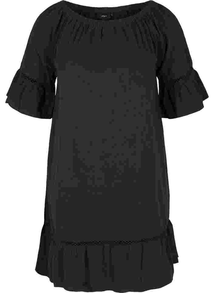 Cotton dress with lace ribbon and short sleeves, Black, Packshot image number 0