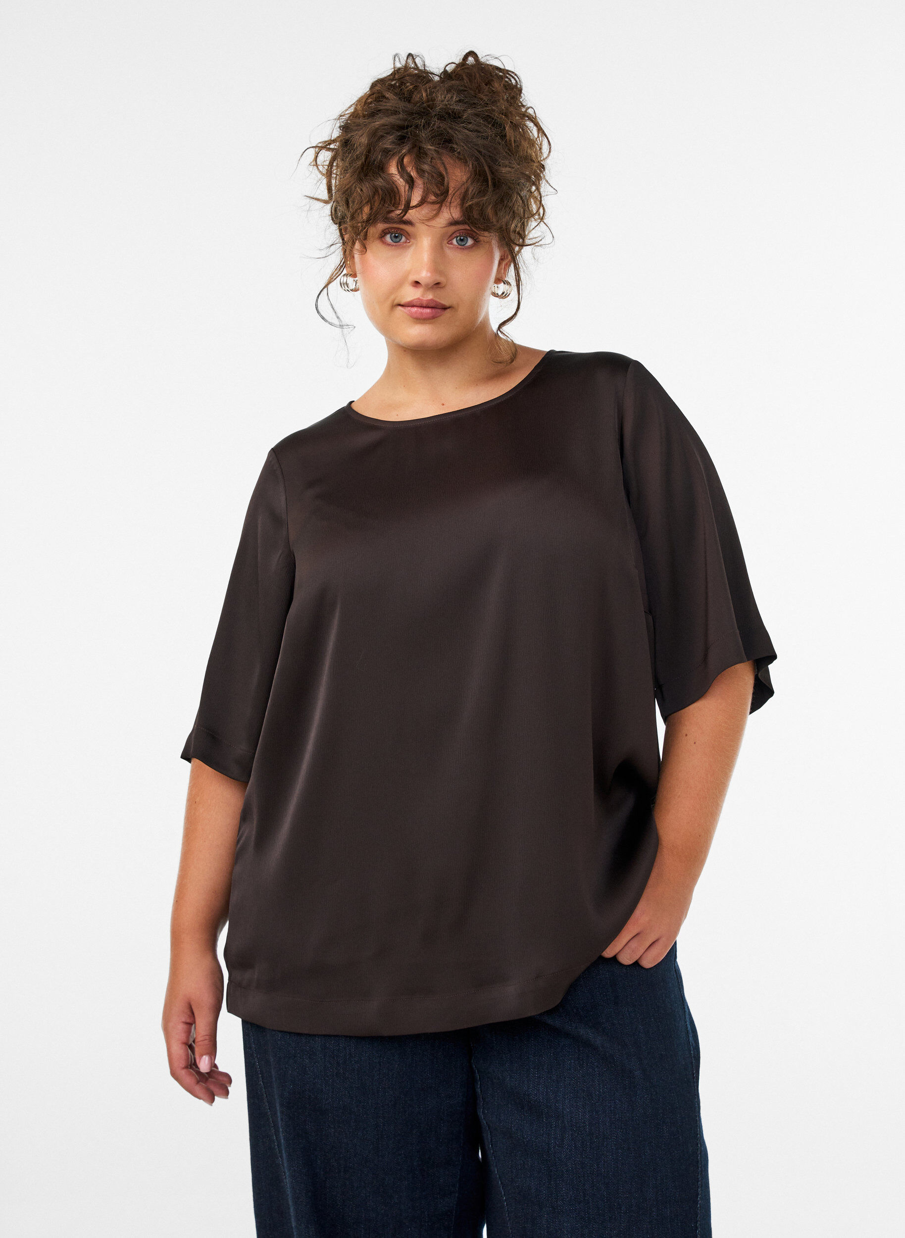 ZizzifashionSatin blouse with elbow-length sleeves, Brown, Model image number 0