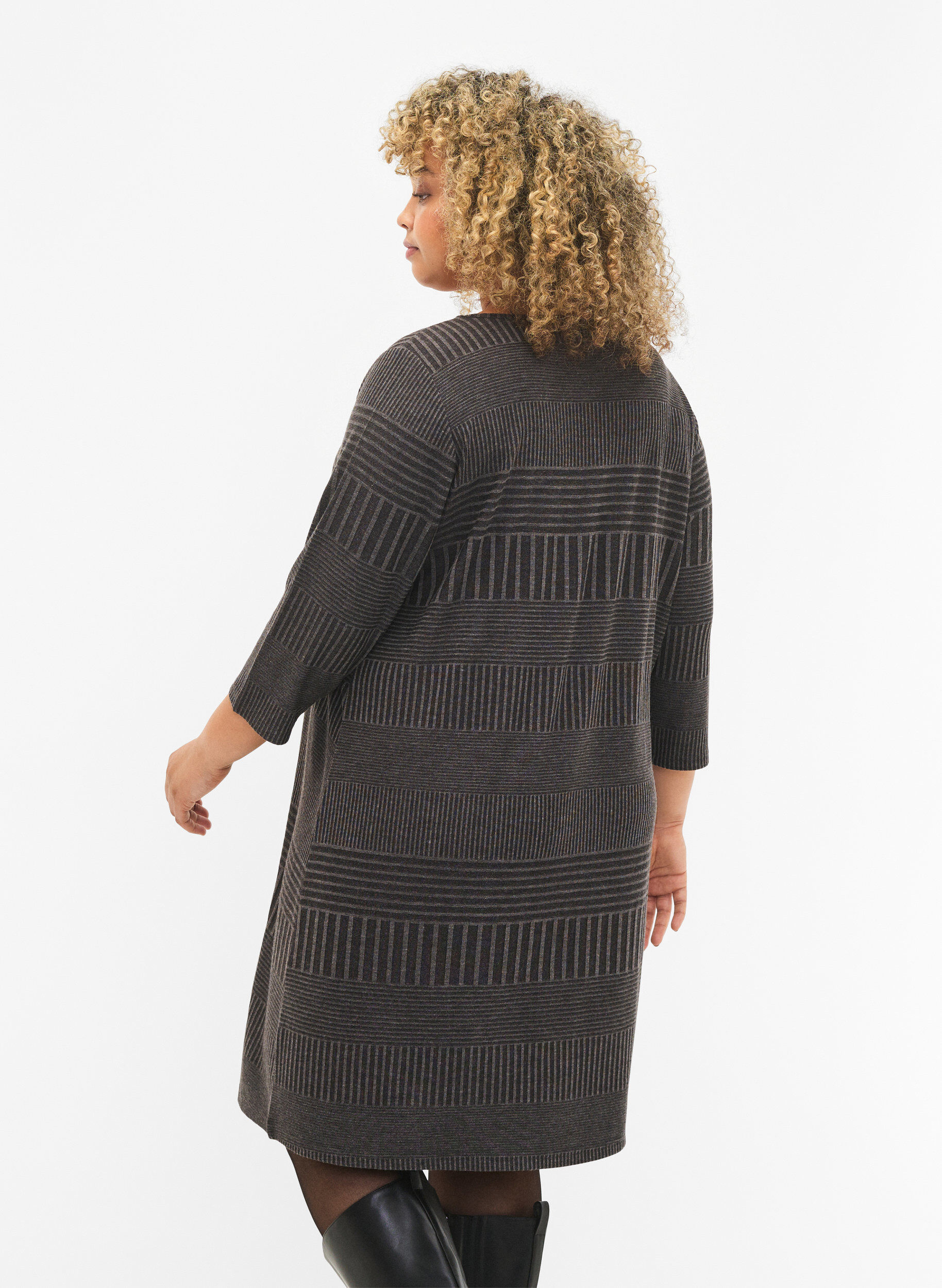 Zizzifashion Dress with 3/4 sleeves and striped pattern, Dark Grey M&eacute;lange, Model image number 1