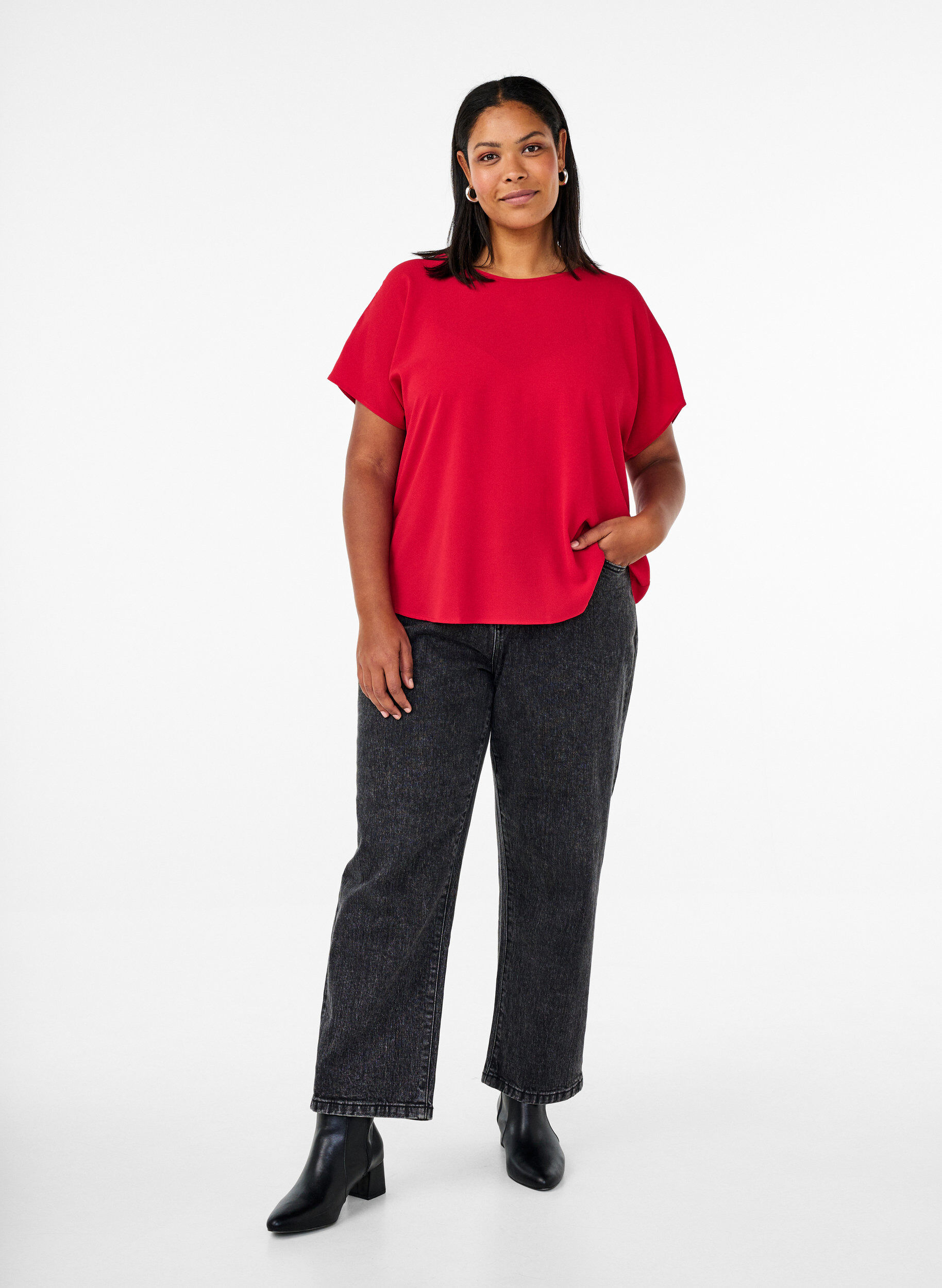 Zizzifashion Blouse with short sleeves and a round neckline, Red, Model image number 1