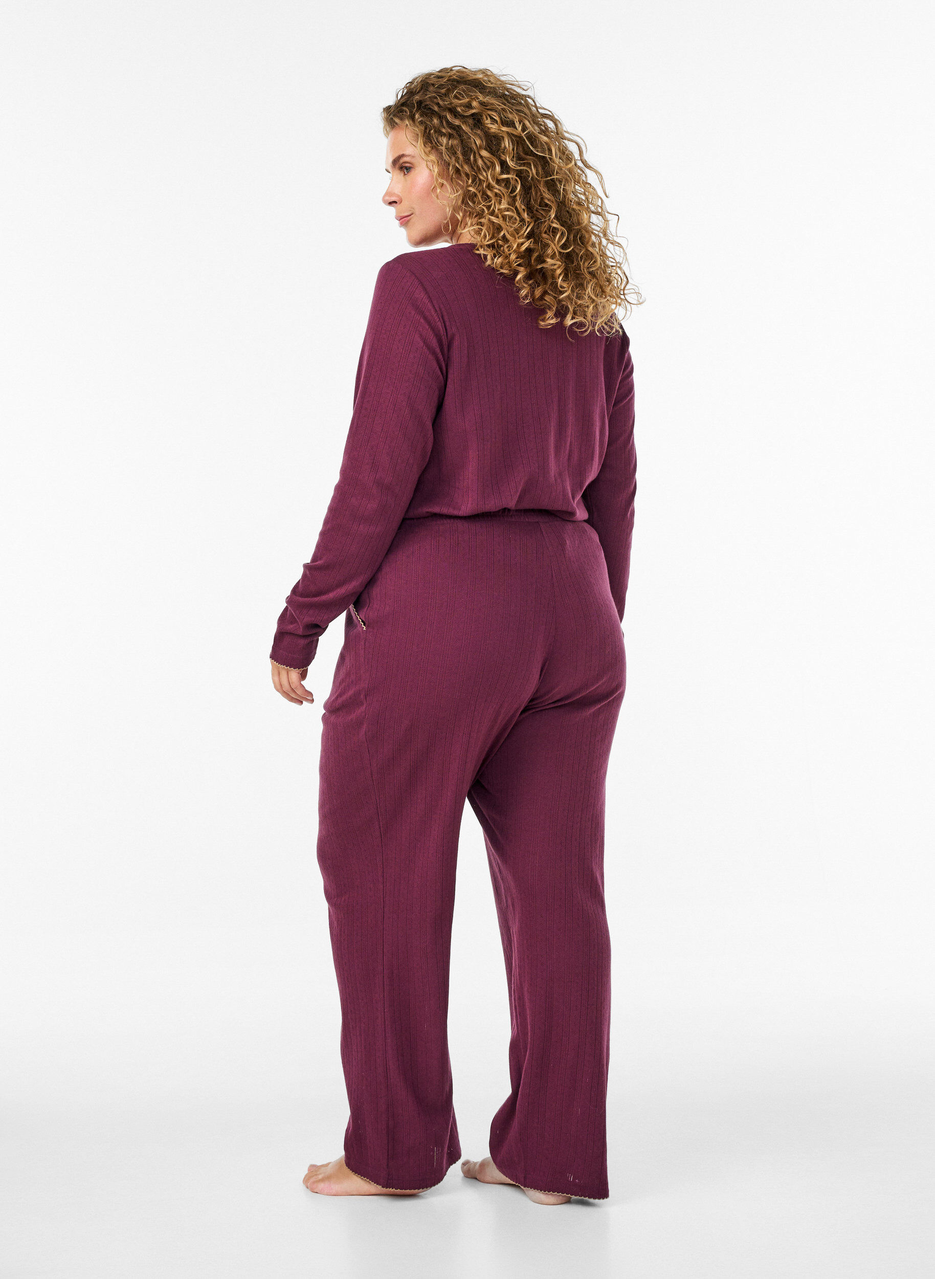 ZizzifashionOrganic cotton pyjama bottoms with eyelet embroidery, Dark Bordeaux, Model image number 1