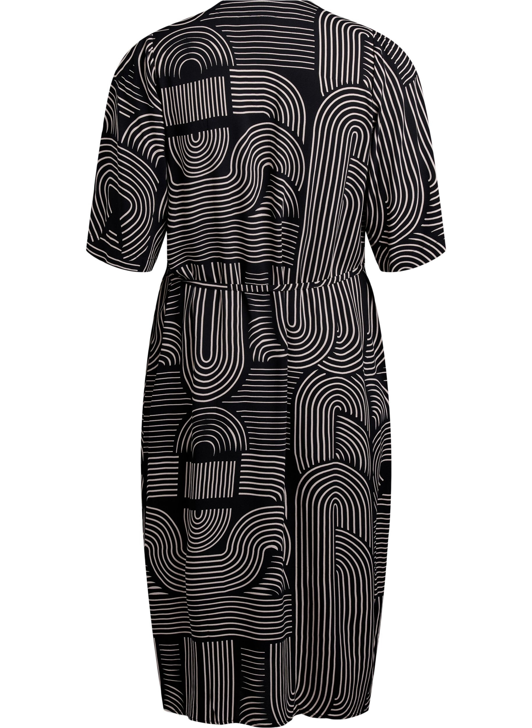 Zizzifashion Midi dress with print and tie belt, Black, Packshot image number 1