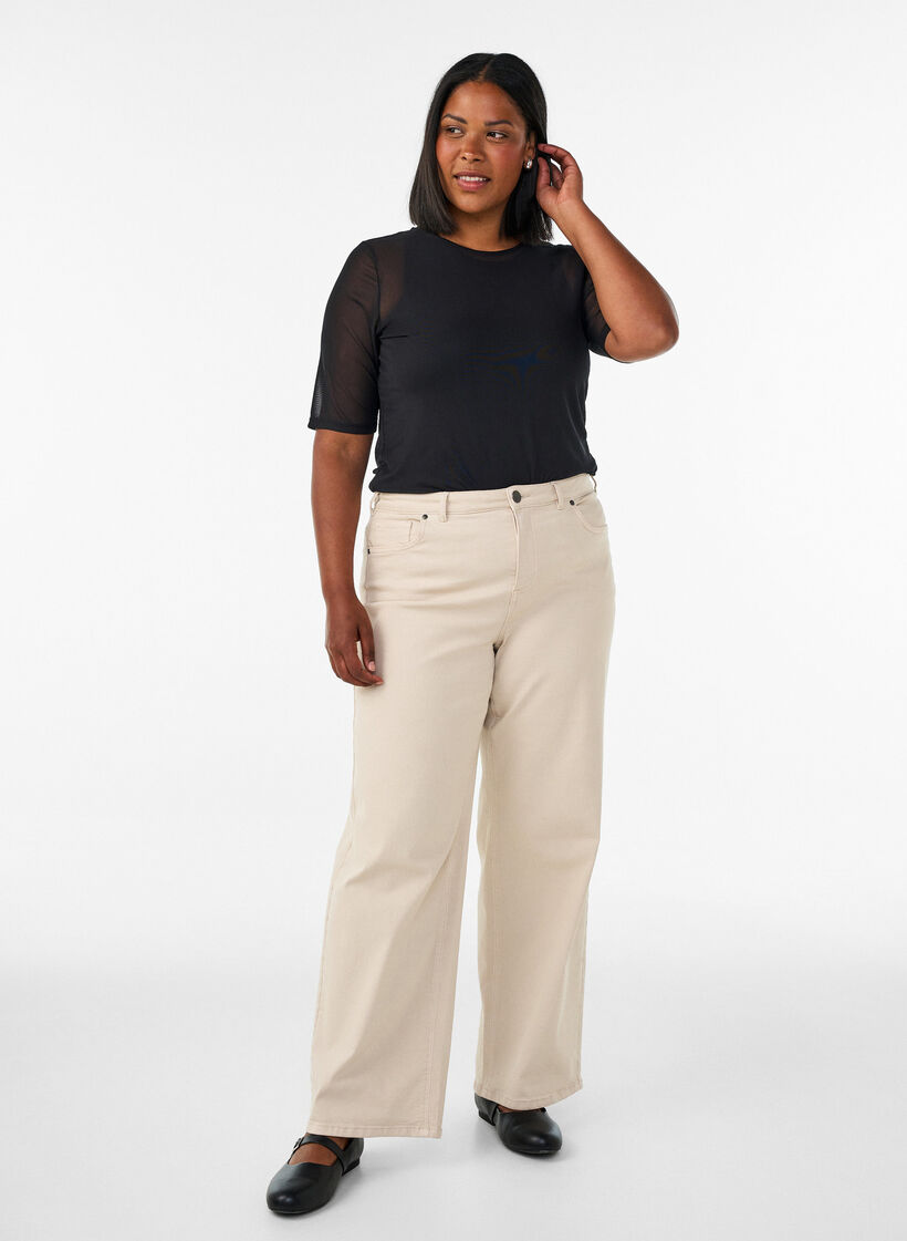 Mesh top with short sleeves and round neck, Black, Model image number 1