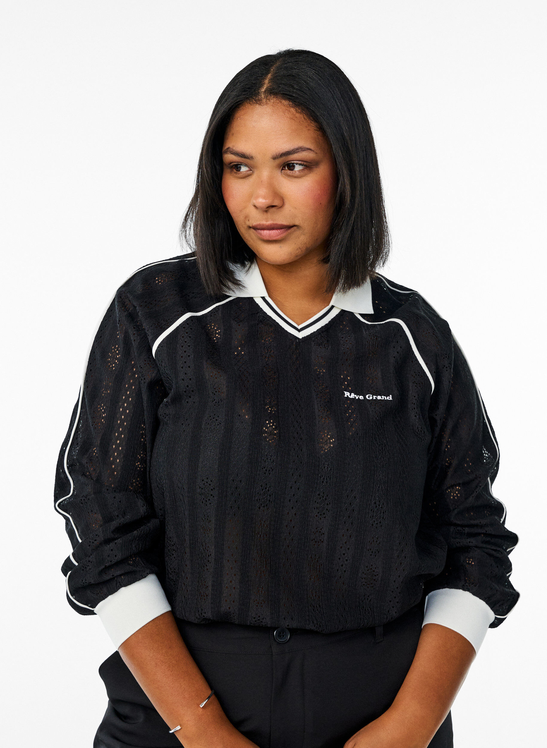 Textured jersey blouse with contrast details, Black, Model