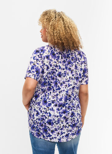 Blouse with short sleeves and v-neck, Purple Small Flower, Model image number 1
