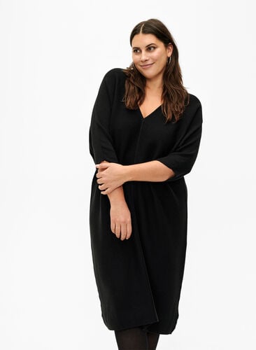 Ribbed dress with 3/4 sleeves, Black, Model image number 0