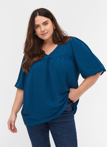 Short-sleeved blouse with a V-neck, Poseidon, Model image number 0