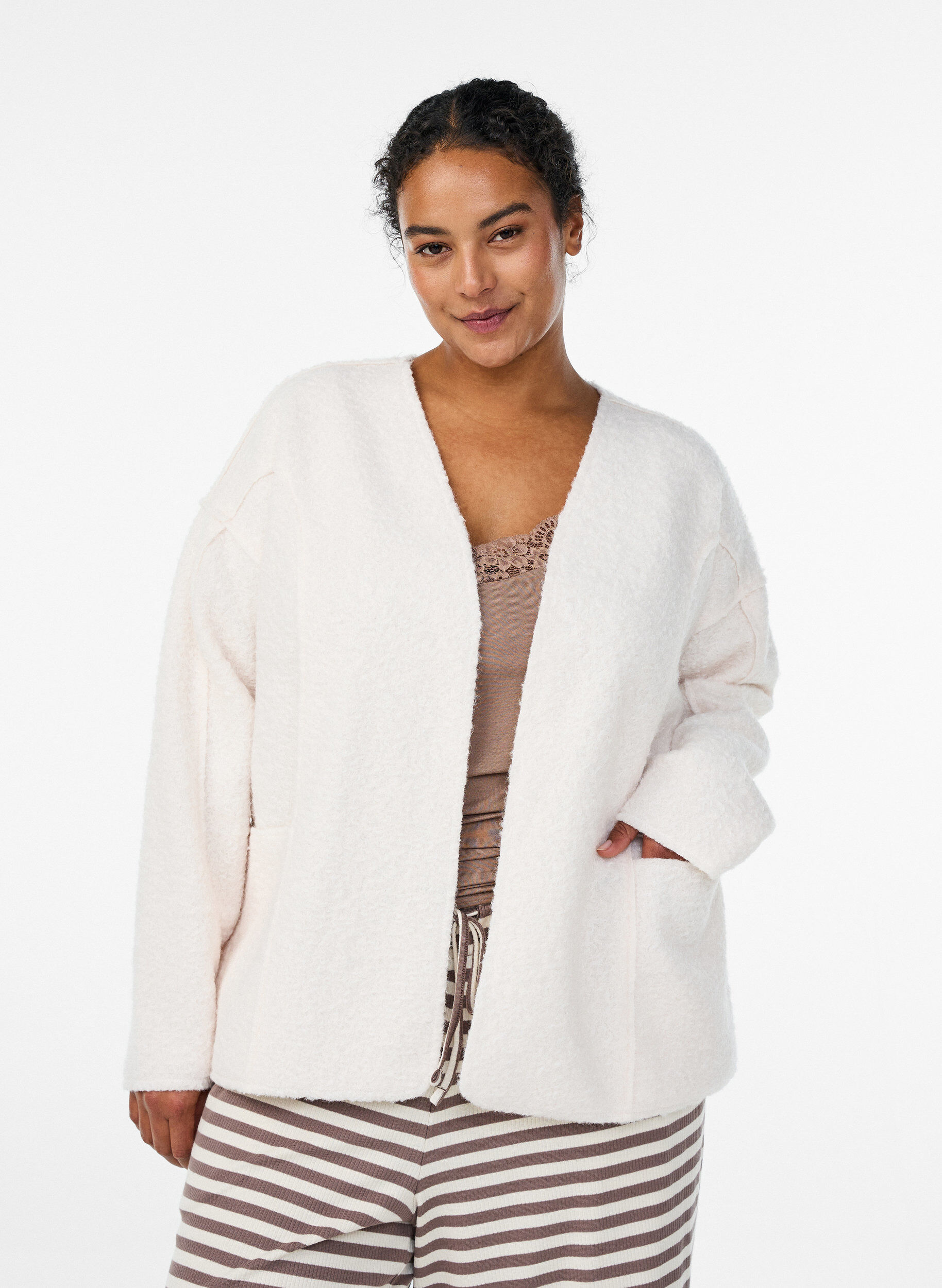 ZizzifashionLoose cardigan with pockets, Vanilla, Model image number 0