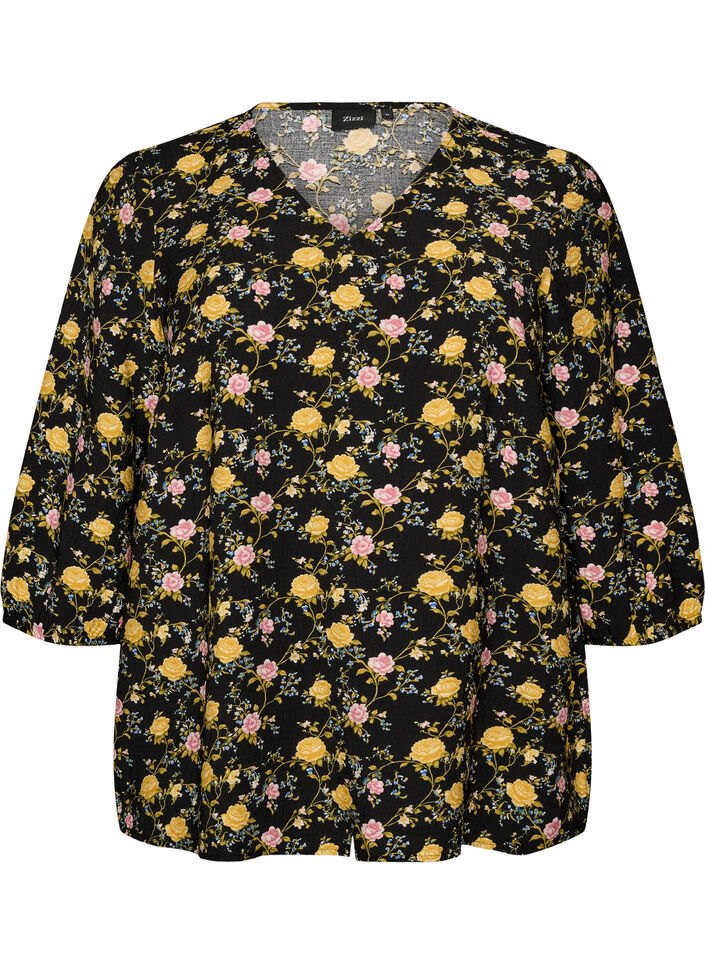 Patterned viscose blouse with 3/4-sleeves, Black, Packshot image number 0