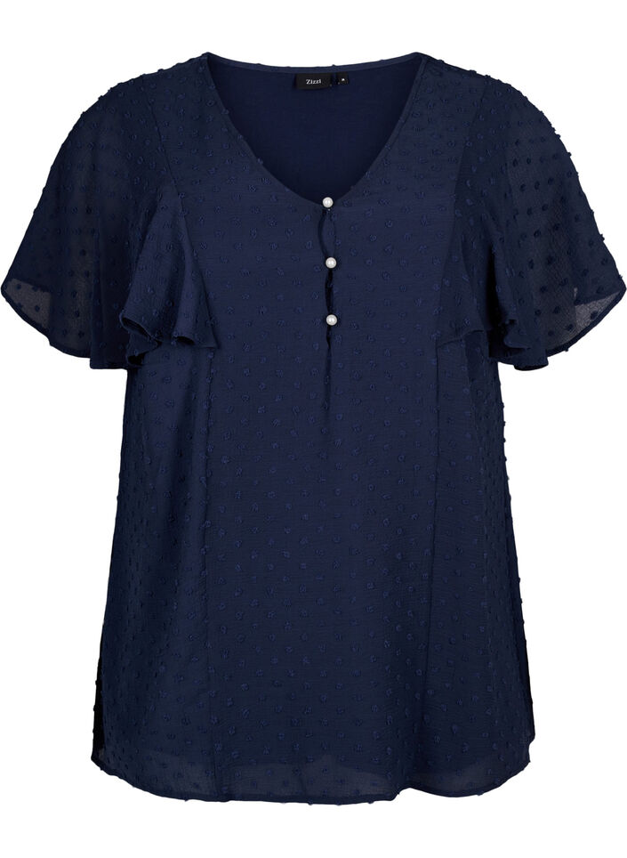 Blouse with dotted texture and short sleeves, Navy Blazer, Packshot image number 0