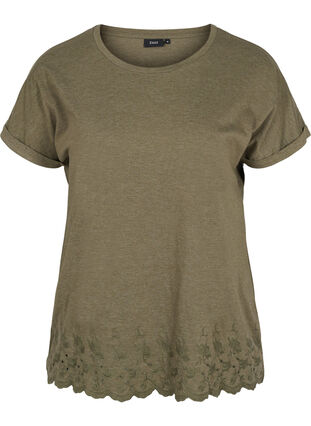 Short-sleeved t-shirt with broderie anglaise, Ivy Green Mel., Packshot image number 0