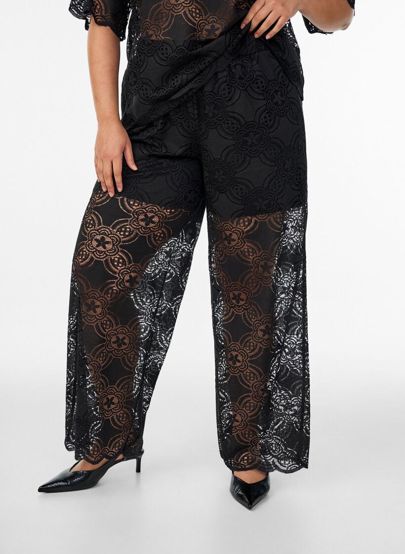 High-waisted wide-leg lace trousers, Black, Model image number 2