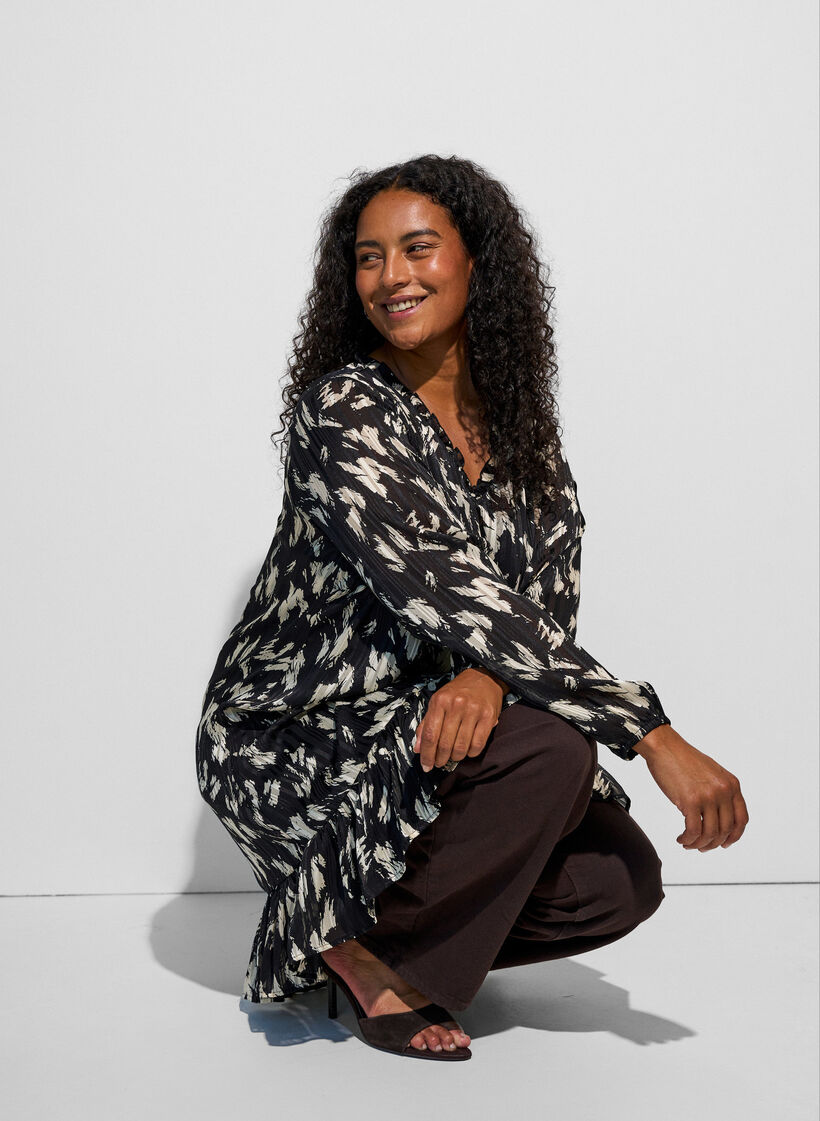 Patterned dress with ruffles and long sleeves, Black, Model image number 0