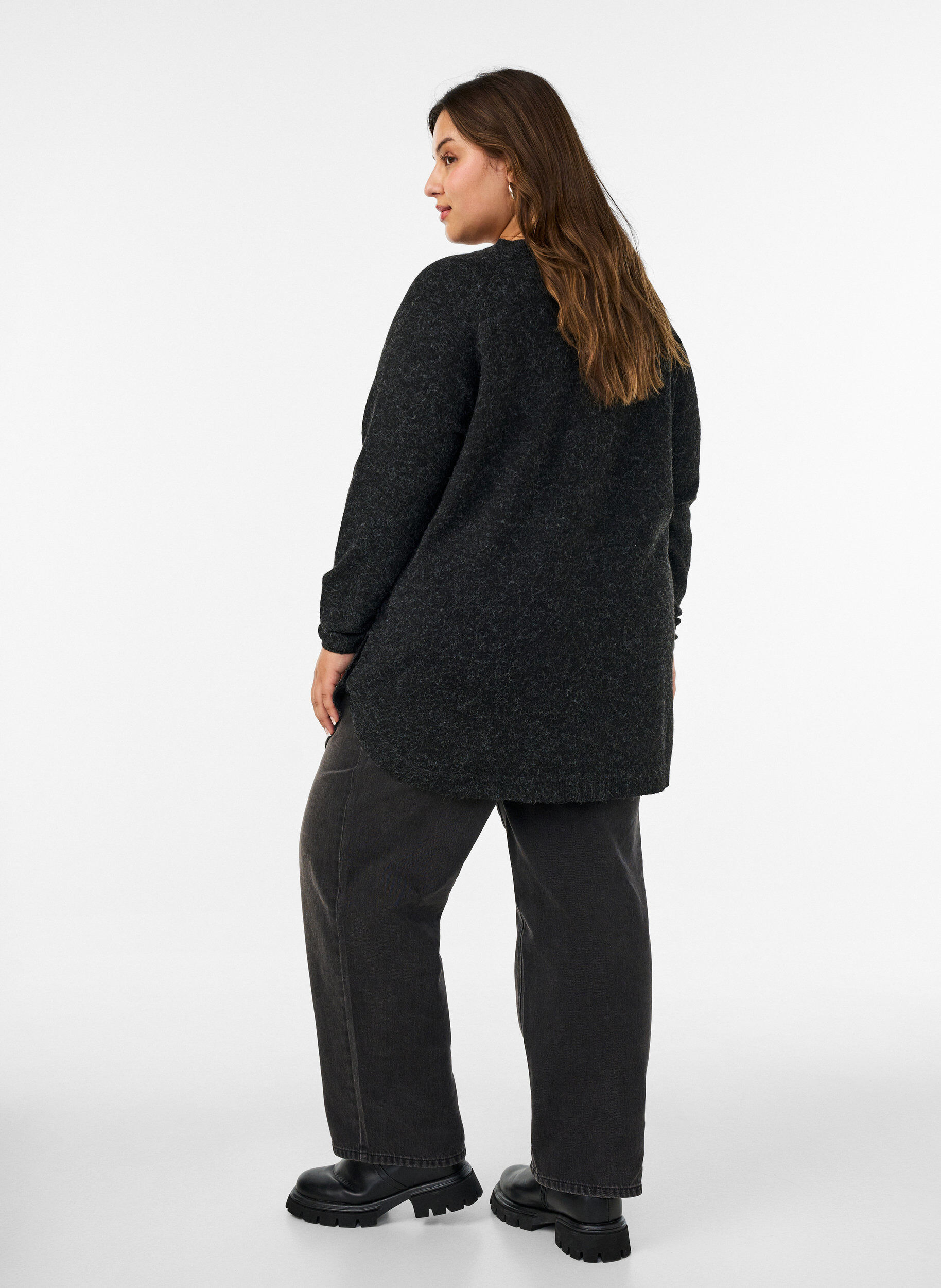 ZizzifashionLong knitted blouse with ball buttons, Dark Grey, Model image number 2
