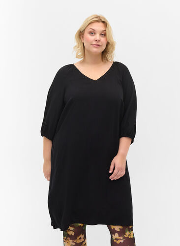 Viscose dress with v-neck, Black, Model image number 0