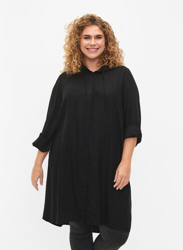 Shirt dress in viscose with hood and 3/4 sleeves, Black, Model image number 0