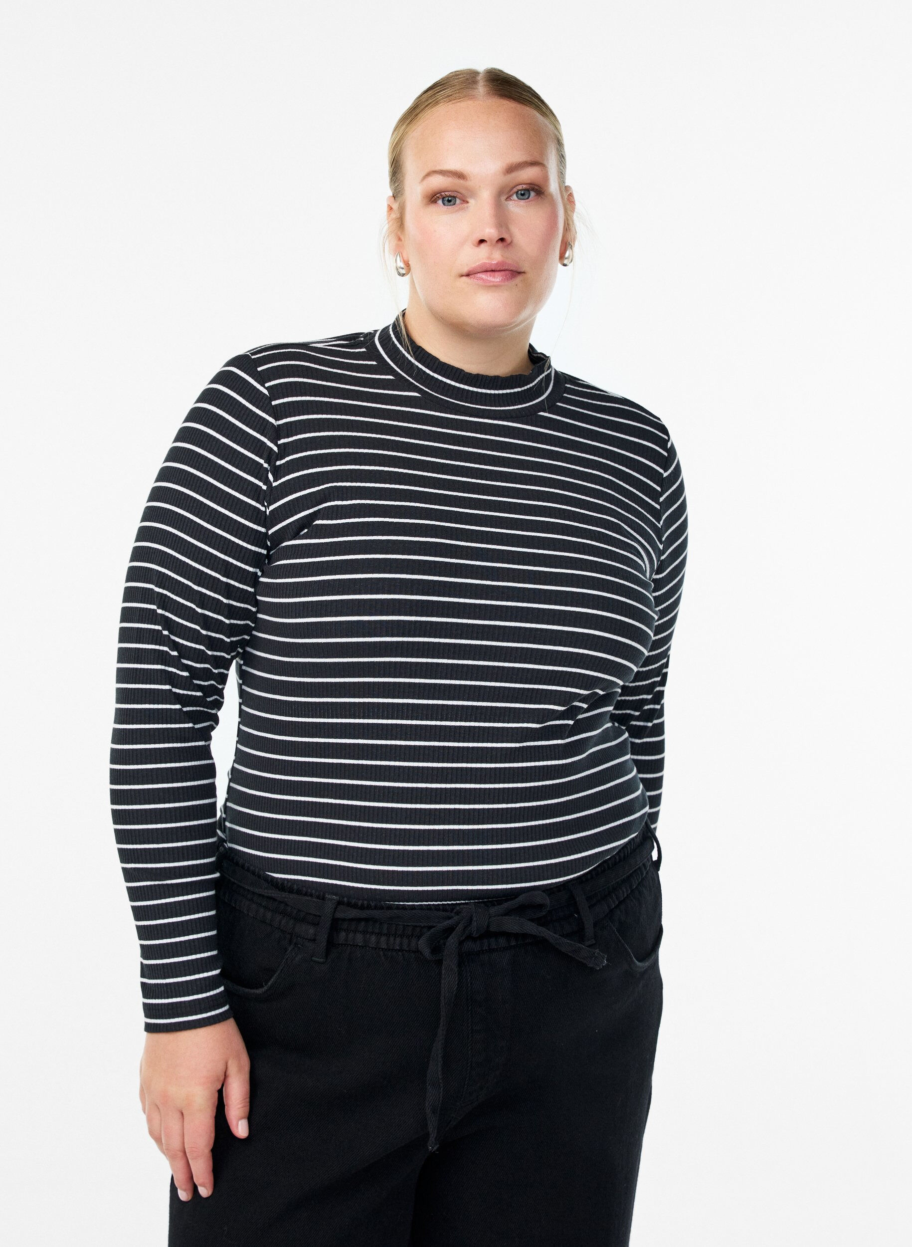 Zizzifashion Striped ribbed jersey blouse with a high neck, Black, Model image number 0