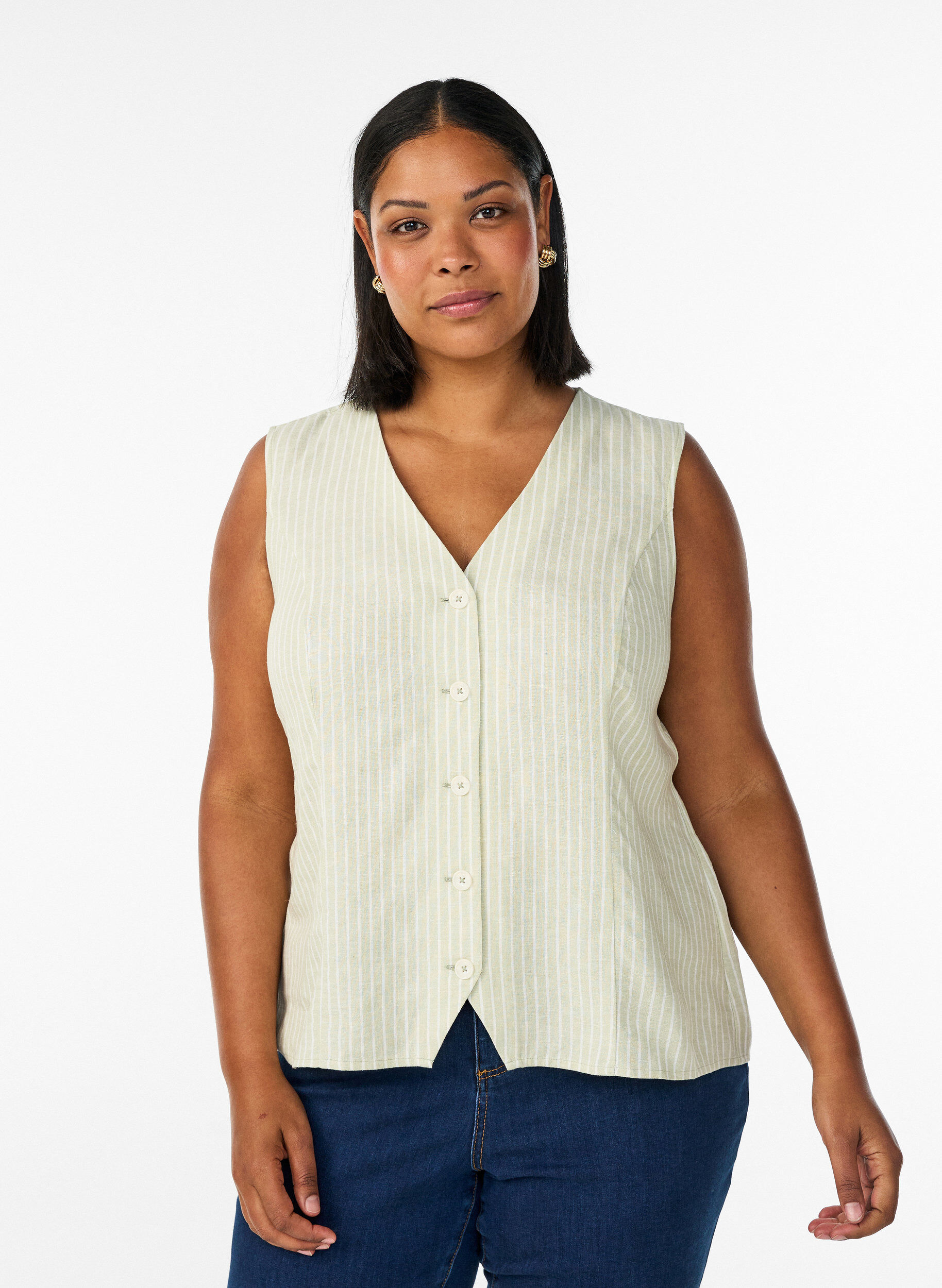 ZizzifashionStriped vest in linen and viscose, Green, Model image number 0