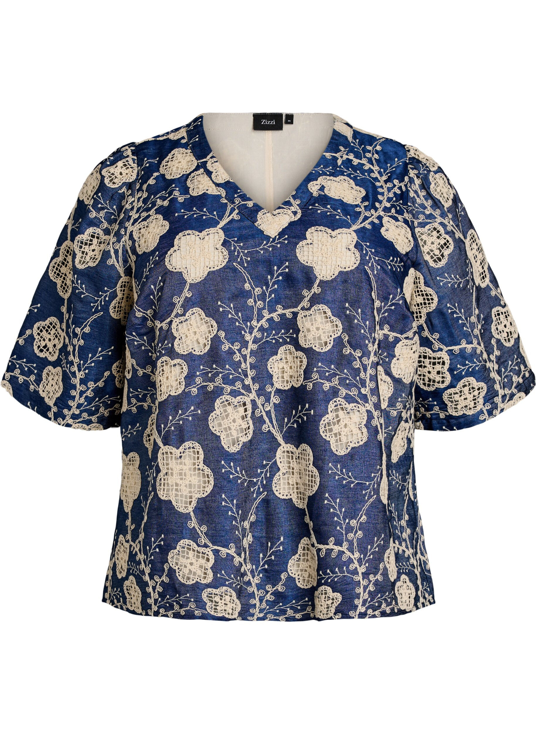 Zizzifashion Blouse with V-neck and embroidered pattern, Blue, Packshot image number 0