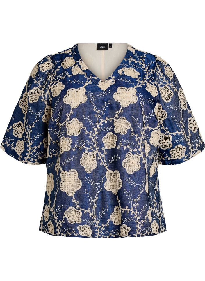Blouse with V-neck and embroidered pattern, Blue, Packshot image number 0