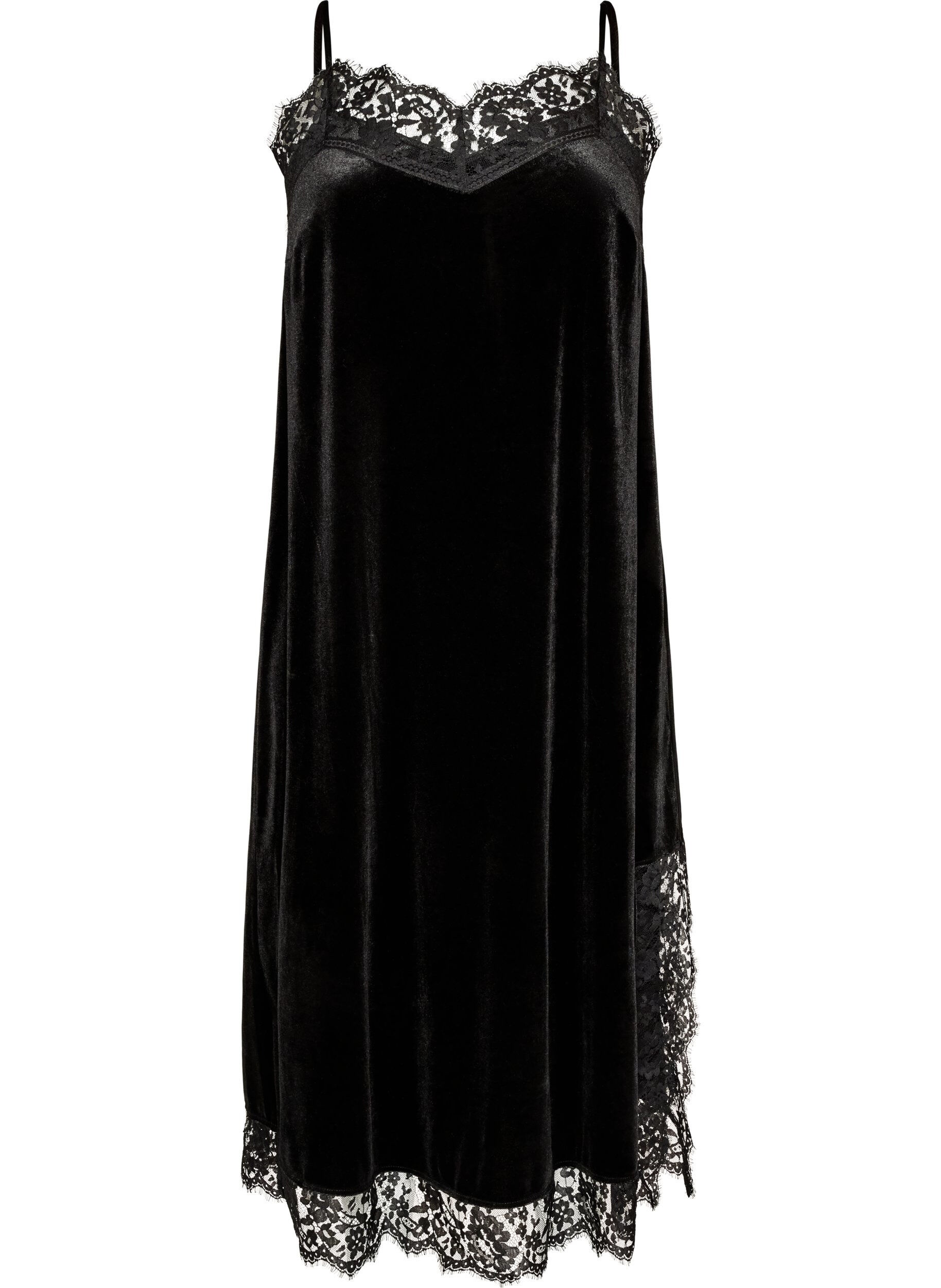 ZizzifashionVelvet dress with lace and side slit, Black, Packshot image number 0