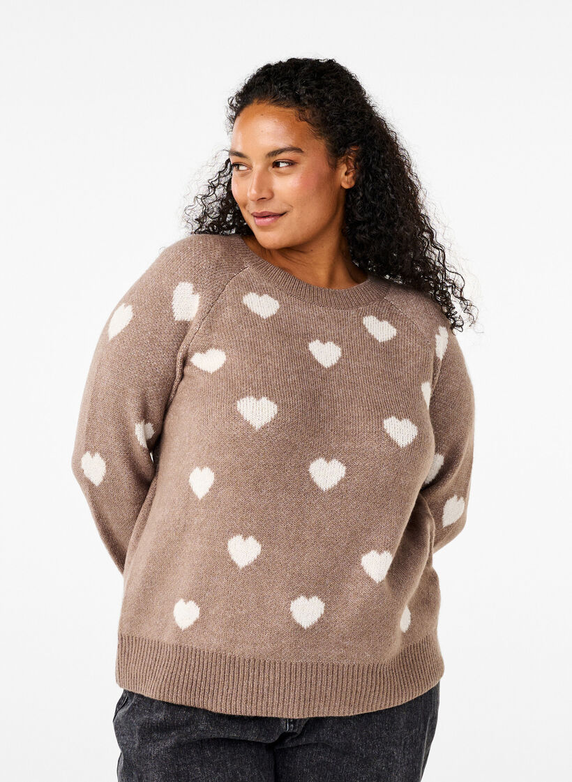 Knitted jumper with hearts, Walnut Mel. Comb, Model image number 0